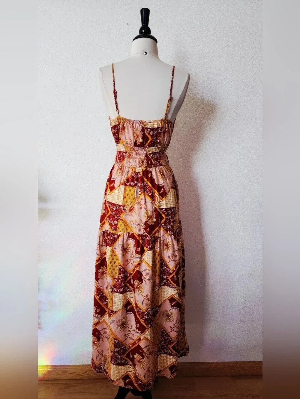 Boho Patchwork Maxi Dress in Burgundy & Mustard - Picture 3 of 4
